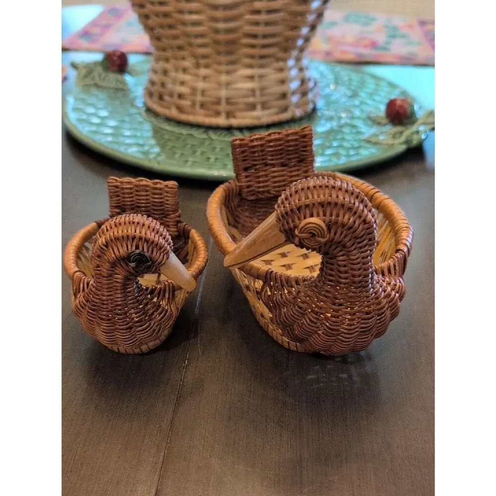 Vintage Handwoven Brown Wicker Duck Baskets Set of 2